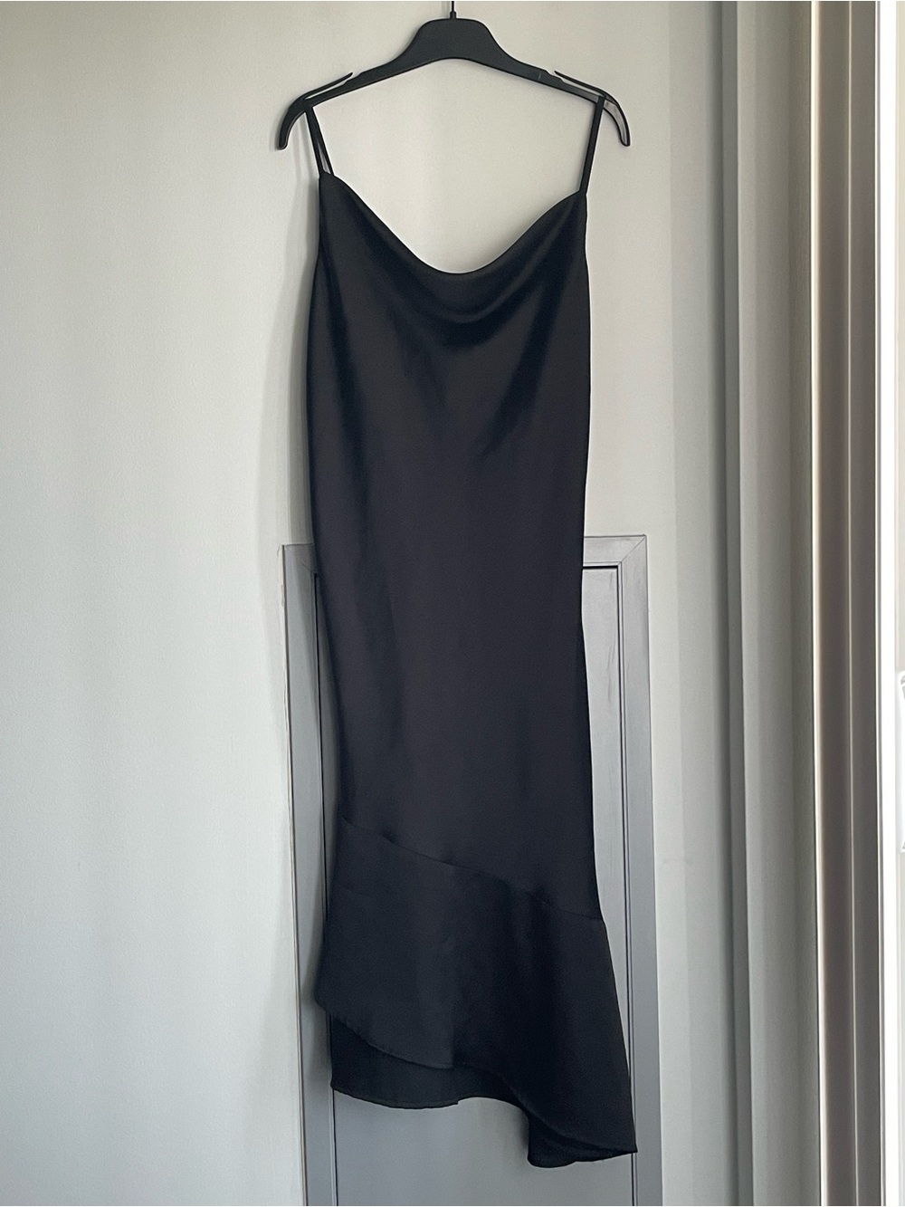 NWT THIRTY THIRTY LA Black Slip Midi Dress with Asymmetric Hem